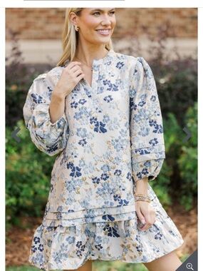 Lovelo Cream Mini Dress with Blue Floral Print and Puff Sleeves